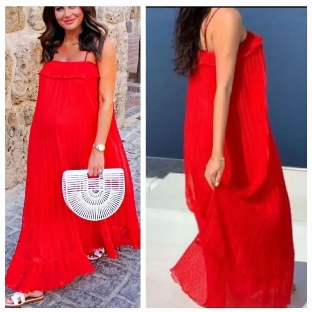 NEW Free Generation Micro Pleat Swiss Dot Ruffle Maxi Dress in Red Size Small